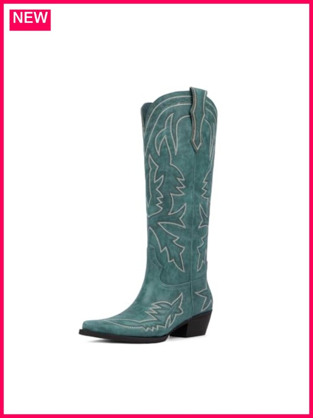 Women's Knee High Cowboy Boots Faux Leather Embroidered Pointed Toe Pull-On